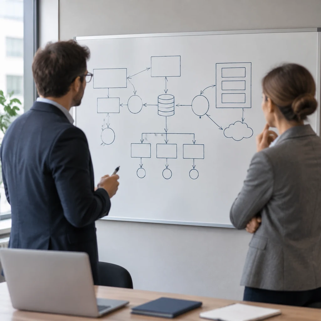 Consultants discussing an infrastructure diagram drawn on a whiteboard