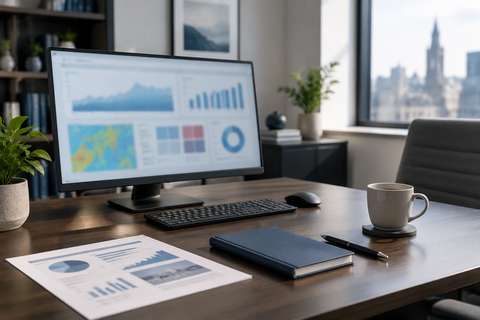 Consultant's desk with a monitor showing charts, a printed report and a notebook