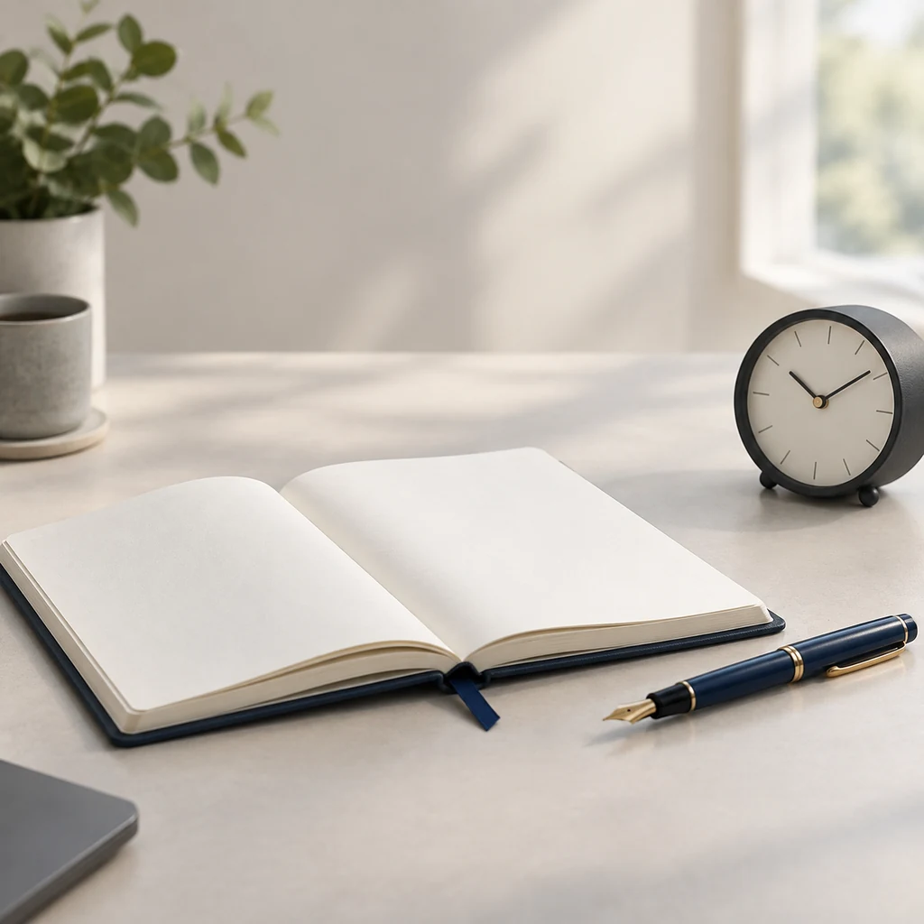 Open notebook with a fountain pen and a desk clock