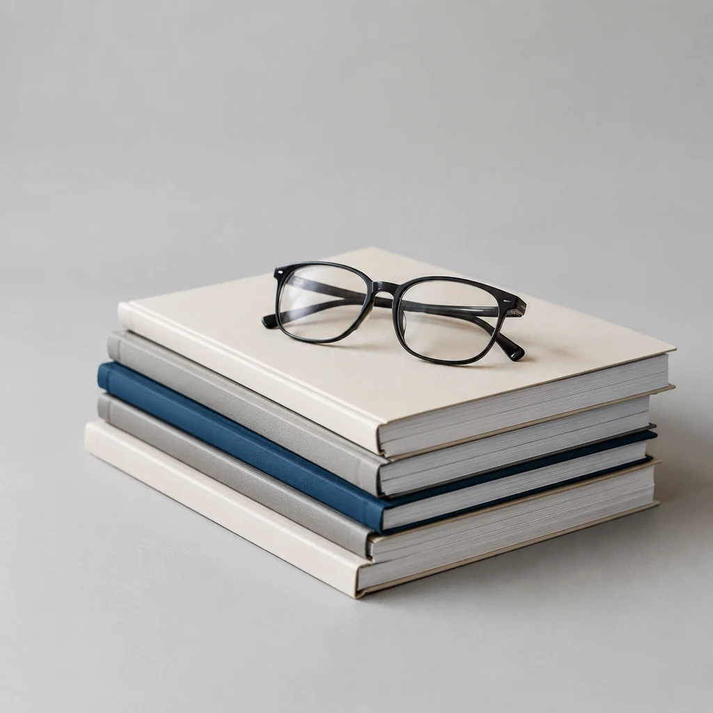 Bound printed reports with reading glasses resting on top