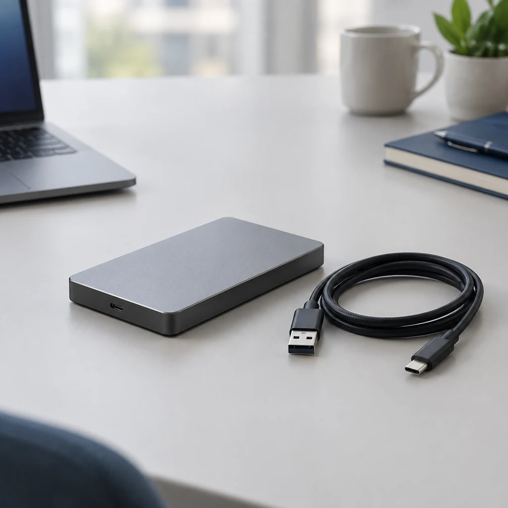 External storage drive beside a coiled cable on a plain surface