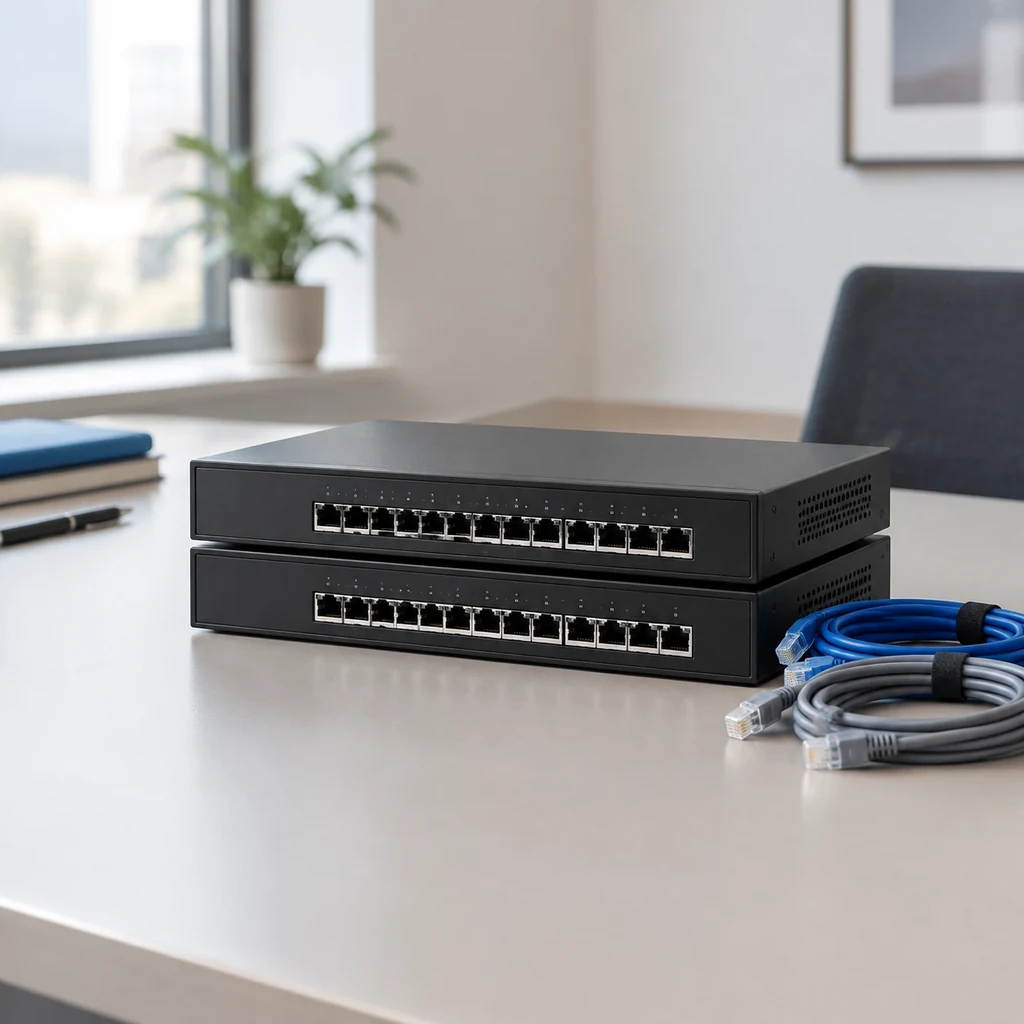 Two stacked network switches with coiled patch cables