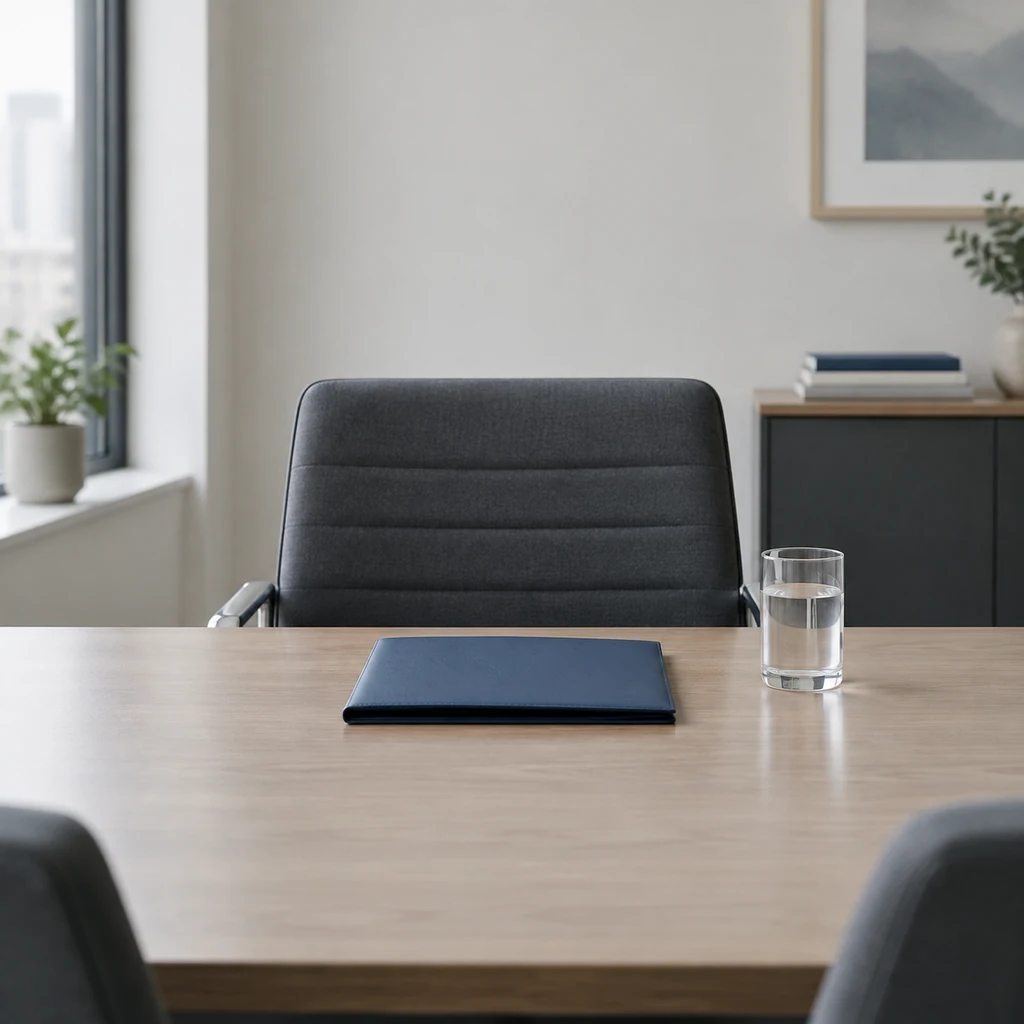 Empty chair at the head of a small meeting table with a closed folder