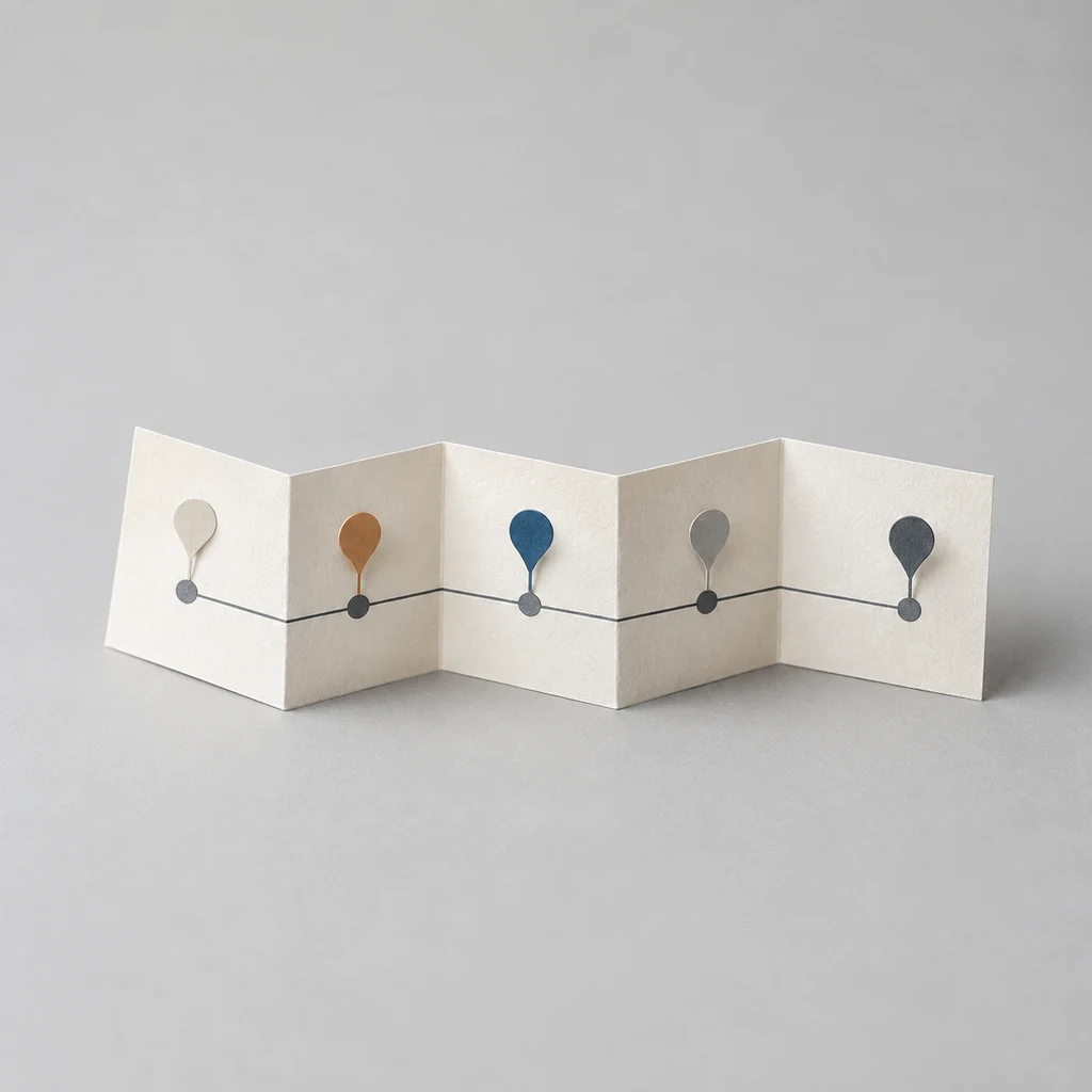 Paper timeline with plain milestone markers and coloured pins