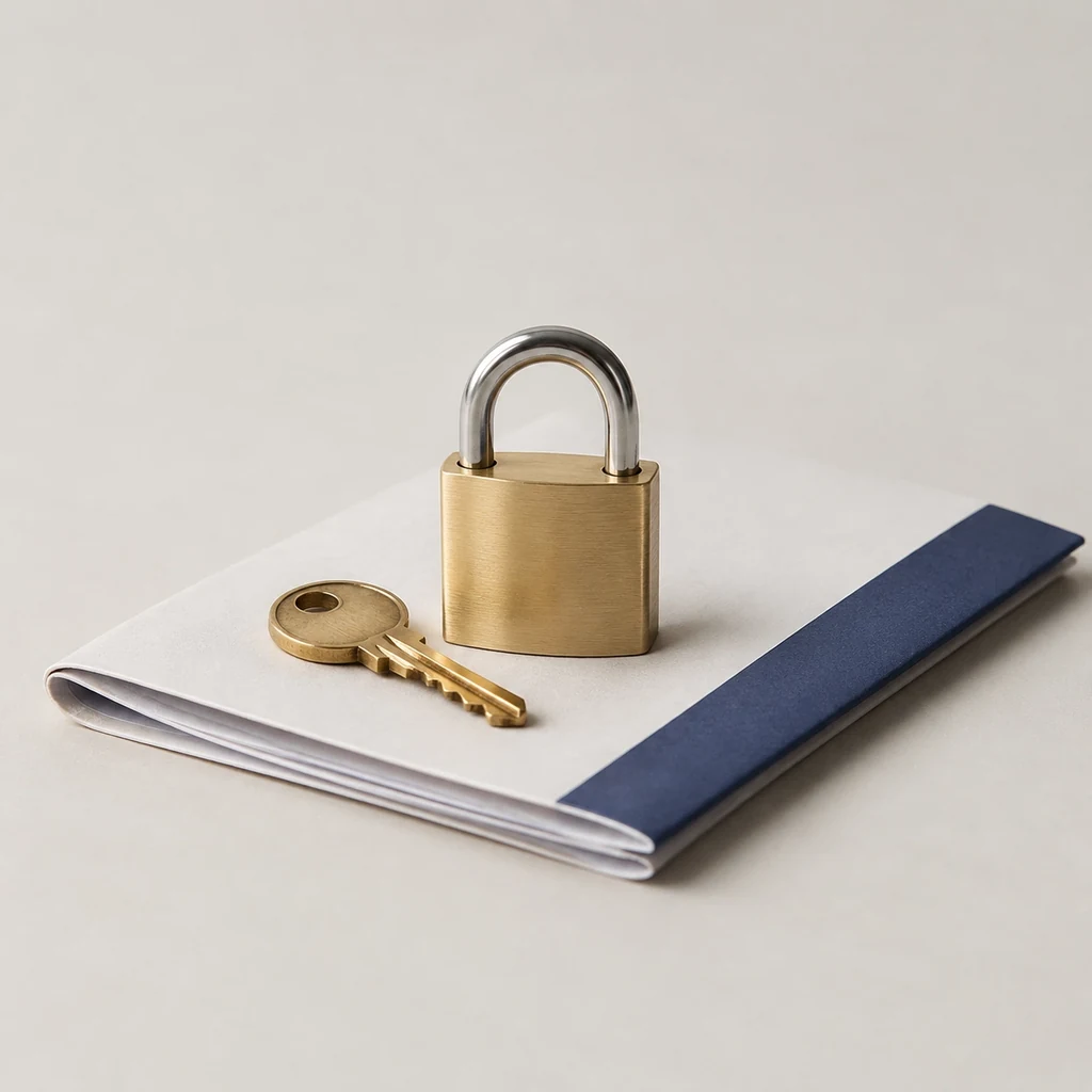 Brass key and small padlock resting on a folded document