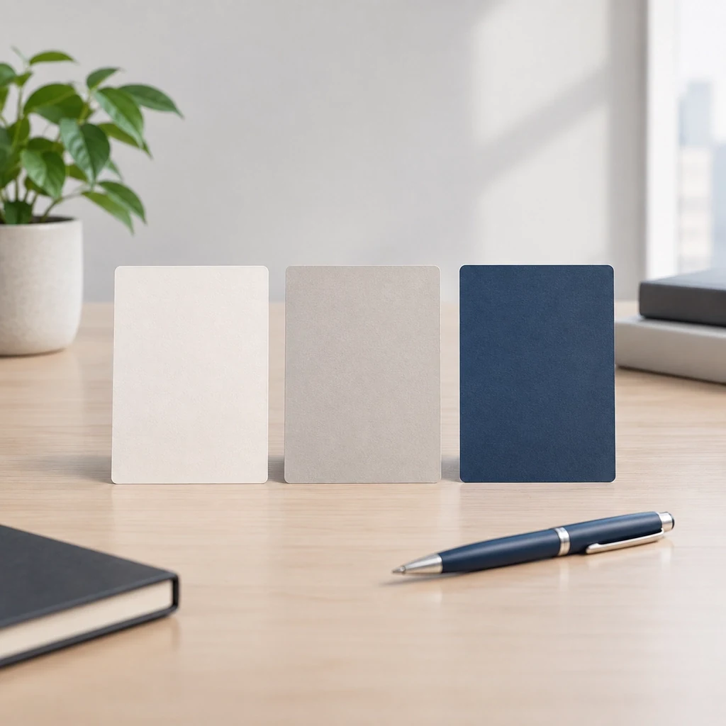 Three blank comparison cards laid side by side with a pen