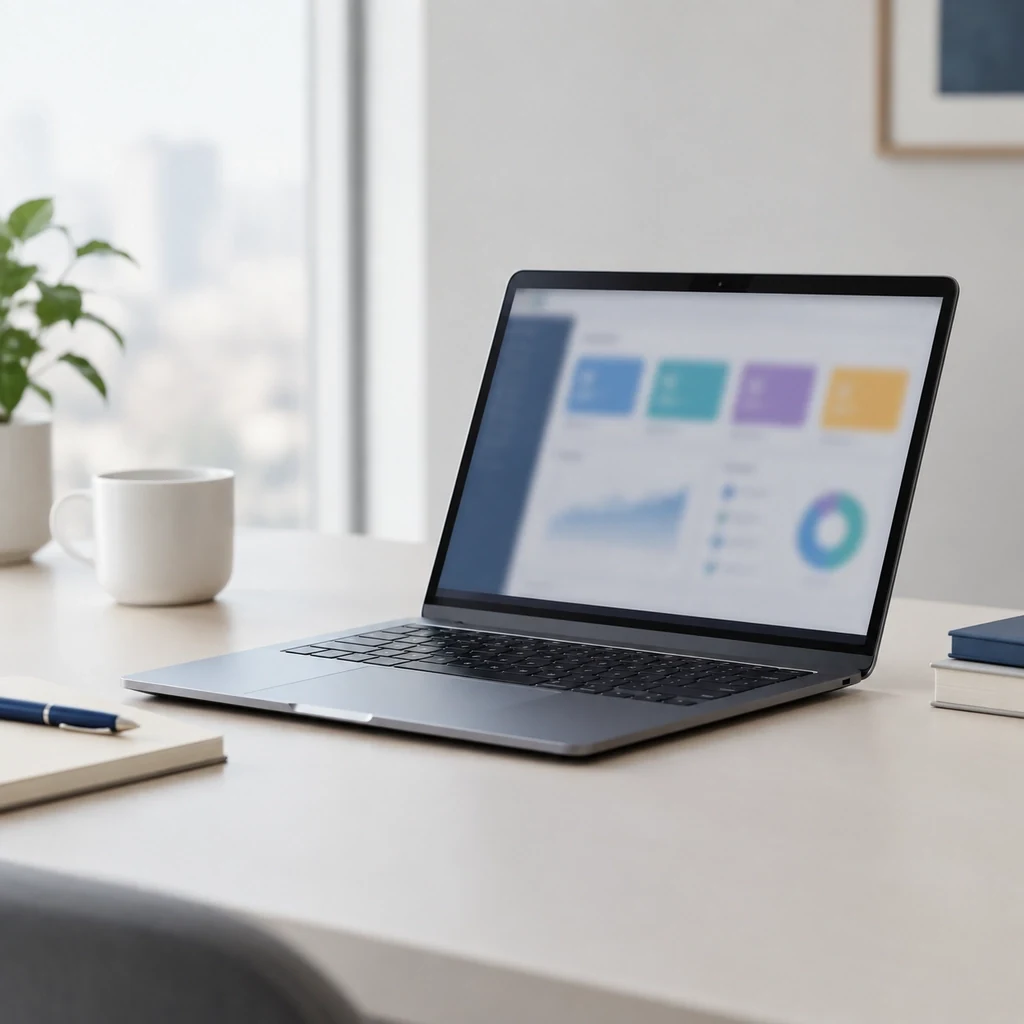 Open laptop showing an abstract dashboard of coloured blocks