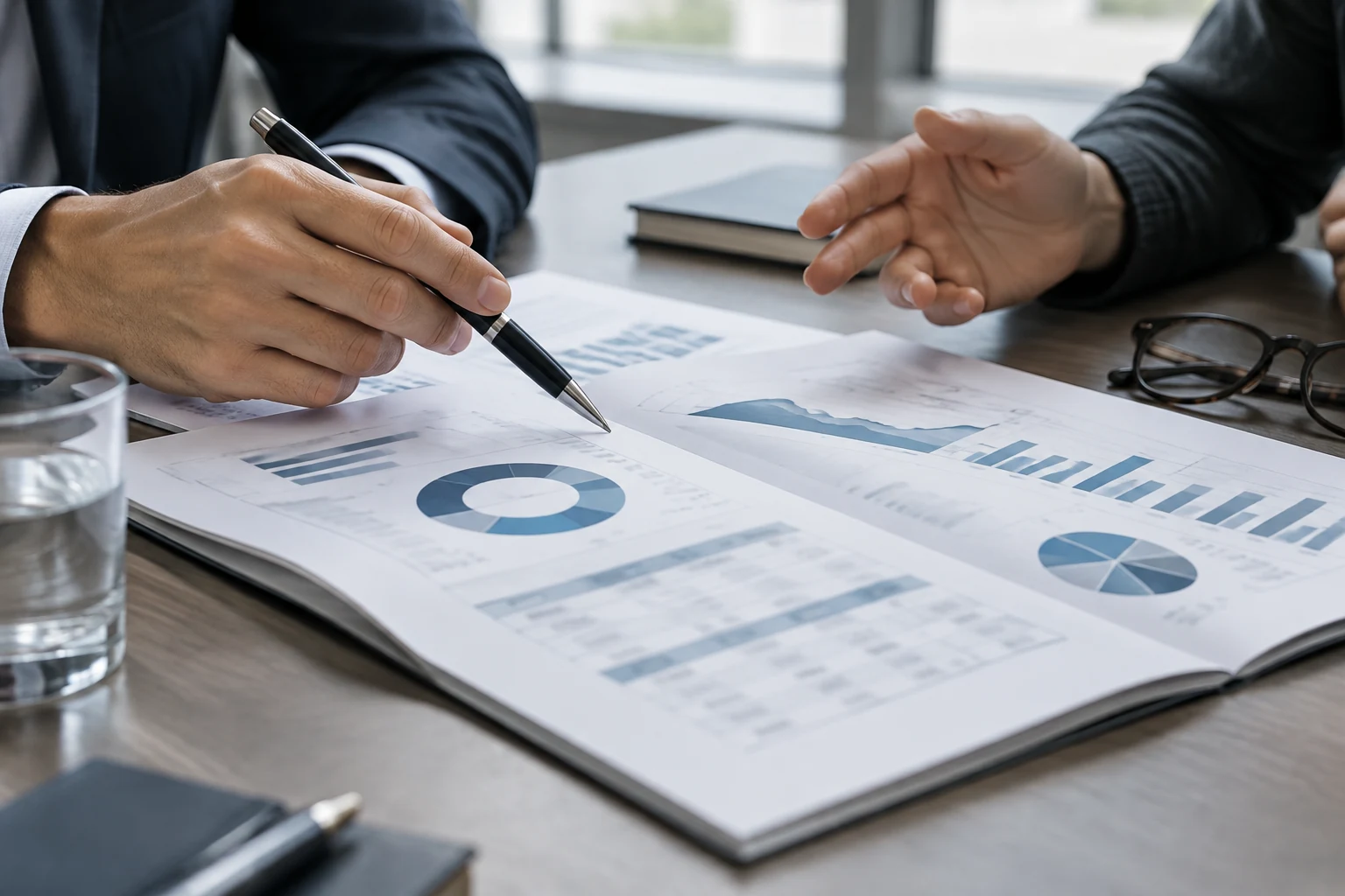Two people discussing a printed report open on a meeting table