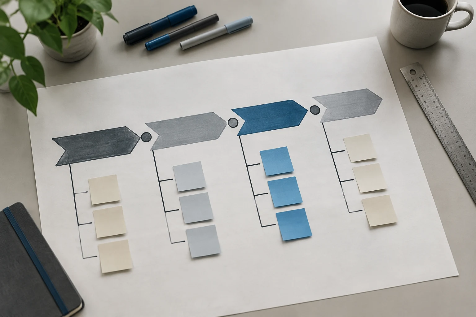 Roadmap sketched on large paper with sticky notes arranged in phases