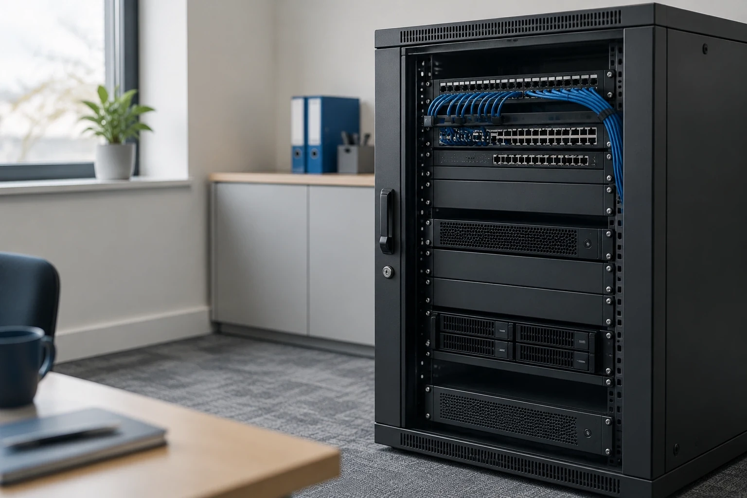 Small server rack in a tidy office utility room